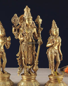 Brass Lord Vishnu with Bhudevi and Sridevi Statues – Intricate Sculptures, 13"