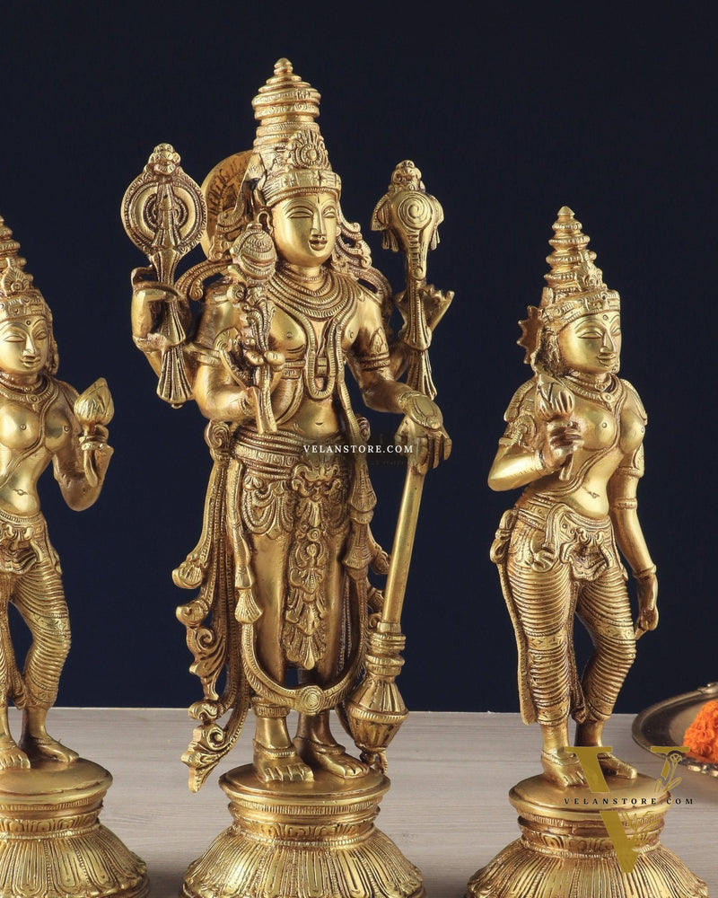 Brass Lord Vishnu with Bhudevi and Sridevi Statues – Intricate Sculptures, 13"