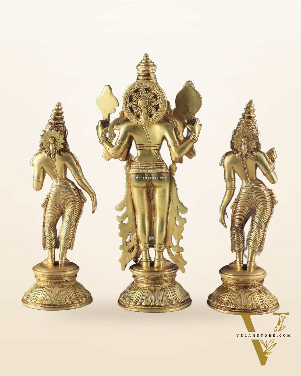 Brass Lord Vishnu with Bhudevi and Sridevi Statues – Intricate Sculptures, 13"