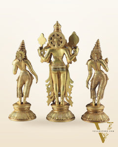 Brass Lord Vishnu with Bhudevi and Sridevi Statues – Intricate Sculptures, 13"
