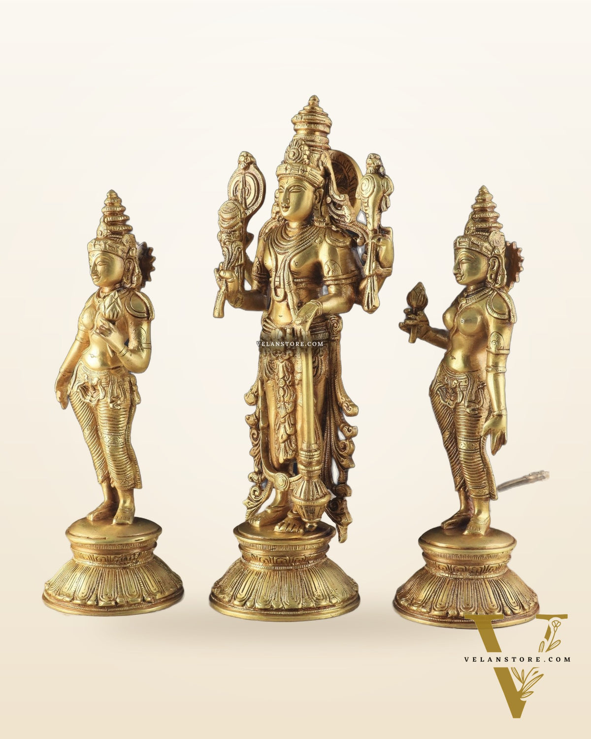 Brass Lord Vishnu with Bhudevi and Sridevi Statues – Intricate Sculptures, 13"
