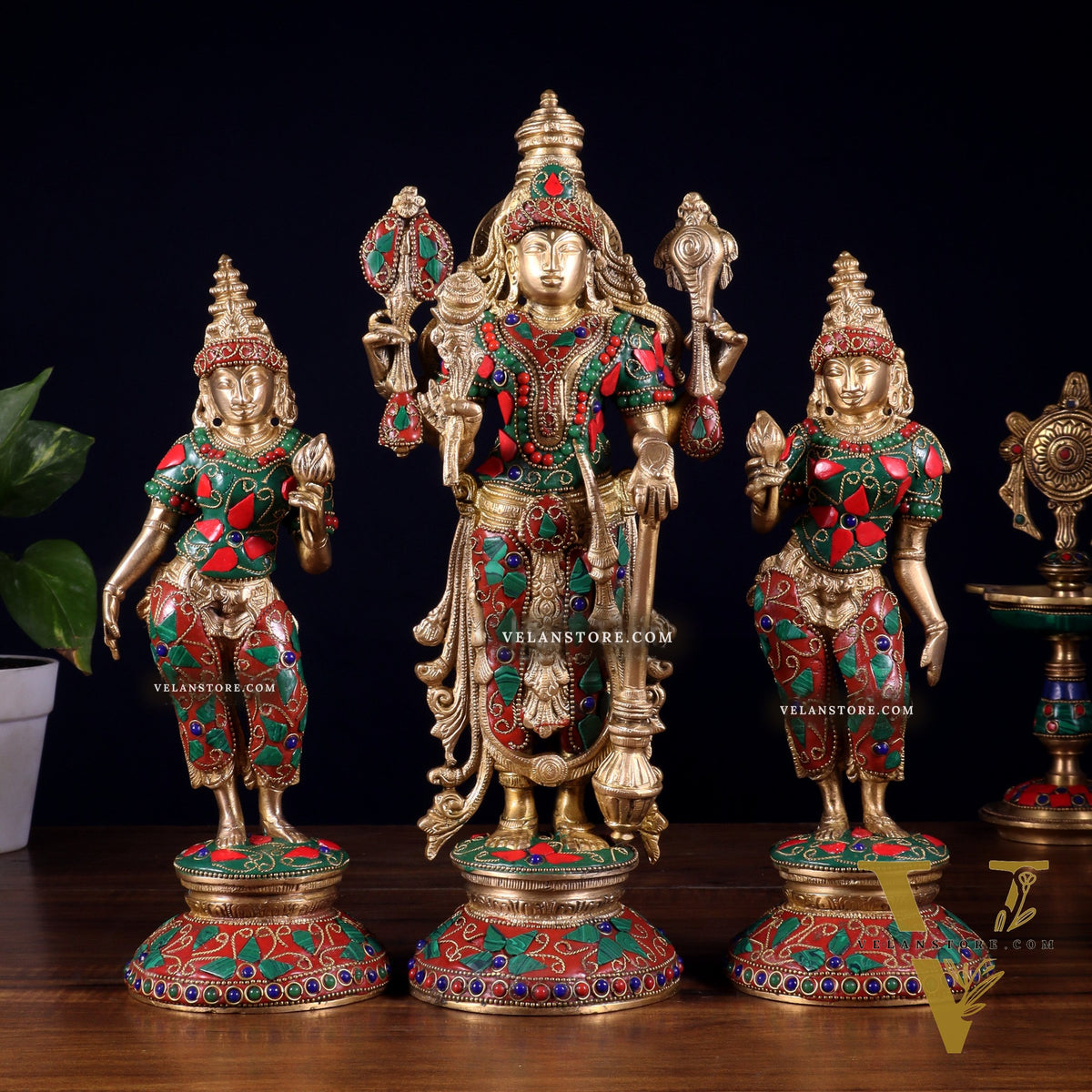 Brass Lord Vishnu with Bhudevi and Sridevi Statues – meenakari Stonework, 13"