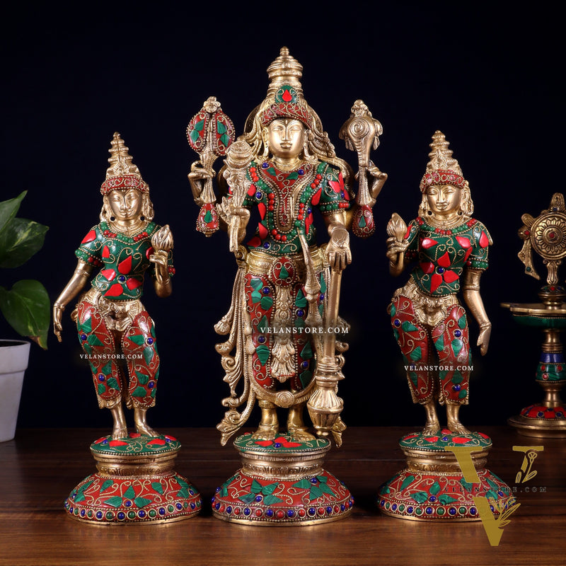 Brass Lord Vishnu with Bhudevi and Sridevi Statues – meenakari Stonework, 13"