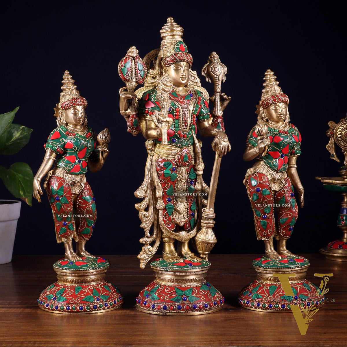 Brass Lord Vishnu with Bhudevi and Sridevi Statues – meenakari Stonework, 13"