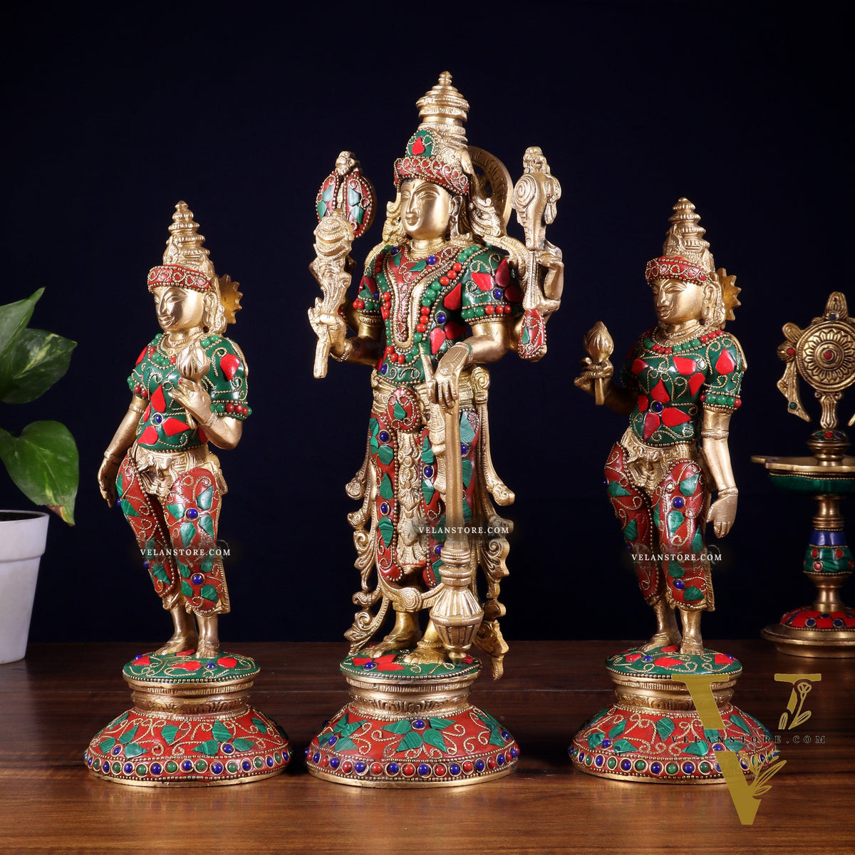 Brass Lord Vishnu with Bhudevi and Sridevi Statues – meenakari Stonework, 13"