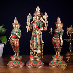 Brass Lord Vishnu with Bhudevi and Sridevi Statues – meenakari Stonework, 13"
