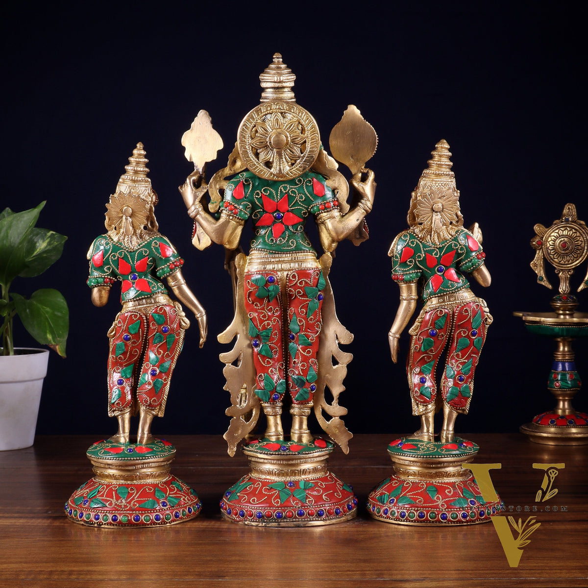 Brass Lord Vishnu with Bhudevi and Sridevi Statues – meenakari Stonework, 13"