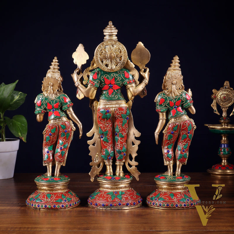 Brass Lord Vishnu with Bhudevi and Sridevi Statues – meenakari Stonework, 13"