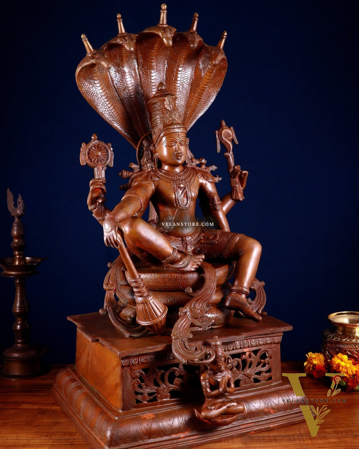 Brass Lord Vishnu with Sheshanaag & Hanuman – 29” Chola Bronze Layered