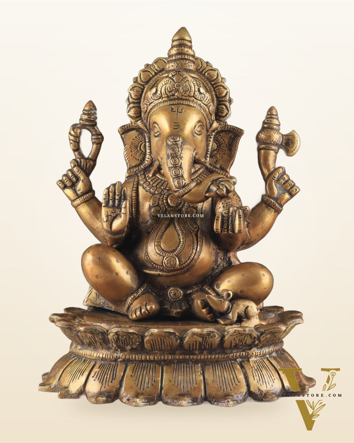 Brass Lotus Ganesha Statue - Dull Gold Finish 12"
