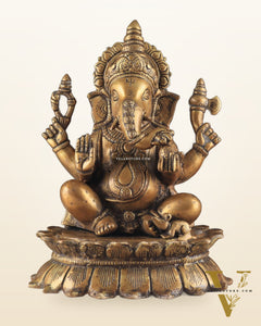 Brass Lotus Ganesha Statue - Dull Gold Finish 12"