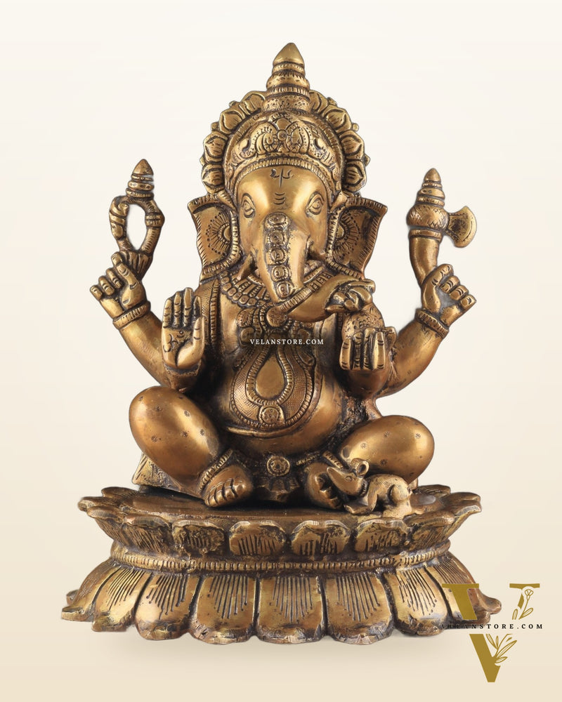 Brass Lotus Ganesha Statue - Dull Gold Finish 12"