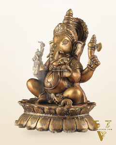 Brass Lotus Ganesha Statue - Dull Gold Finish 12"
