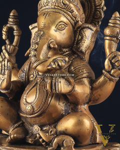 Brass Lotus Ganesha Statue - Dull Gold Finish 12"