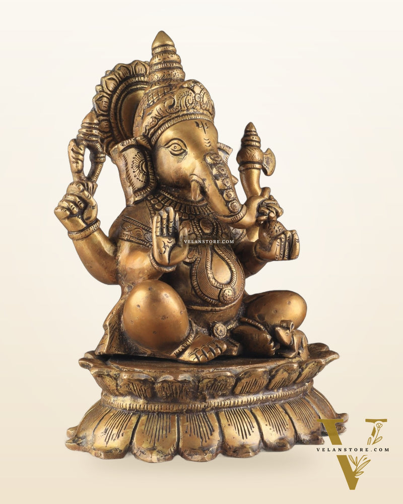 Brass Lotus Ganesha Statue - Dull Gold Finish 12"