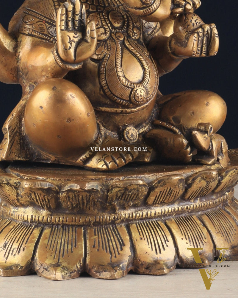 Brass Lotus Ganesha Statue - Dull Gold Finish 12"