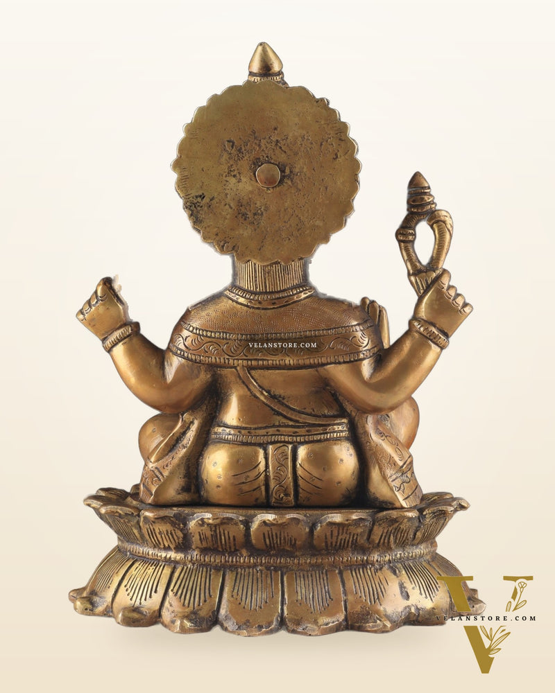 Brass Lotus Ganesha Statue - Dull Gold Finish 12"