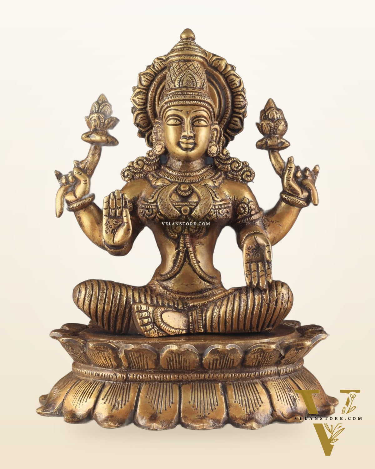 Brass Lotus Lakshmi Statue - Dull Gold Finish 12"