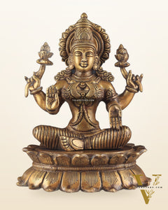 Brass Lotus Lakshmi Statue - Dull Gold Finish 12"