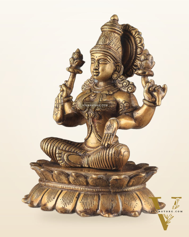 Brass Lotus Lakshmi Statue - Dull Gold Finish 12"