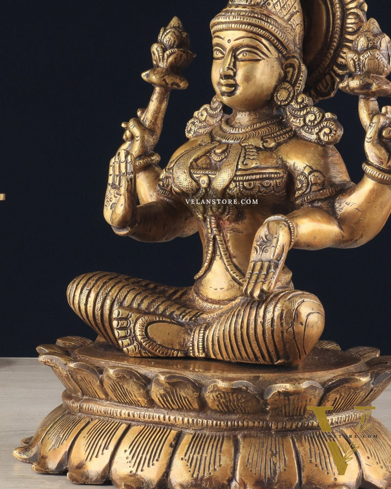 Brass Lotus Lakshmi Statue - Dull Gold Finish 12"