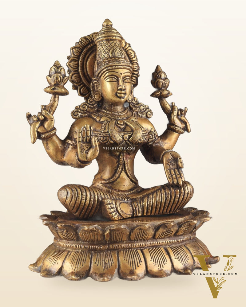 Brass Lotus Lakshmi Statue - Dull Gold Finish 12"