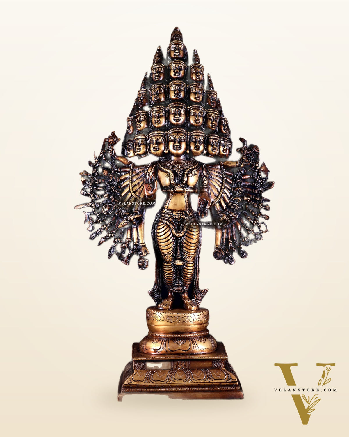Brass Maha Sadashiva (25‑Faced Lord Shiva) Statue – 21.5″ burnt brass tone