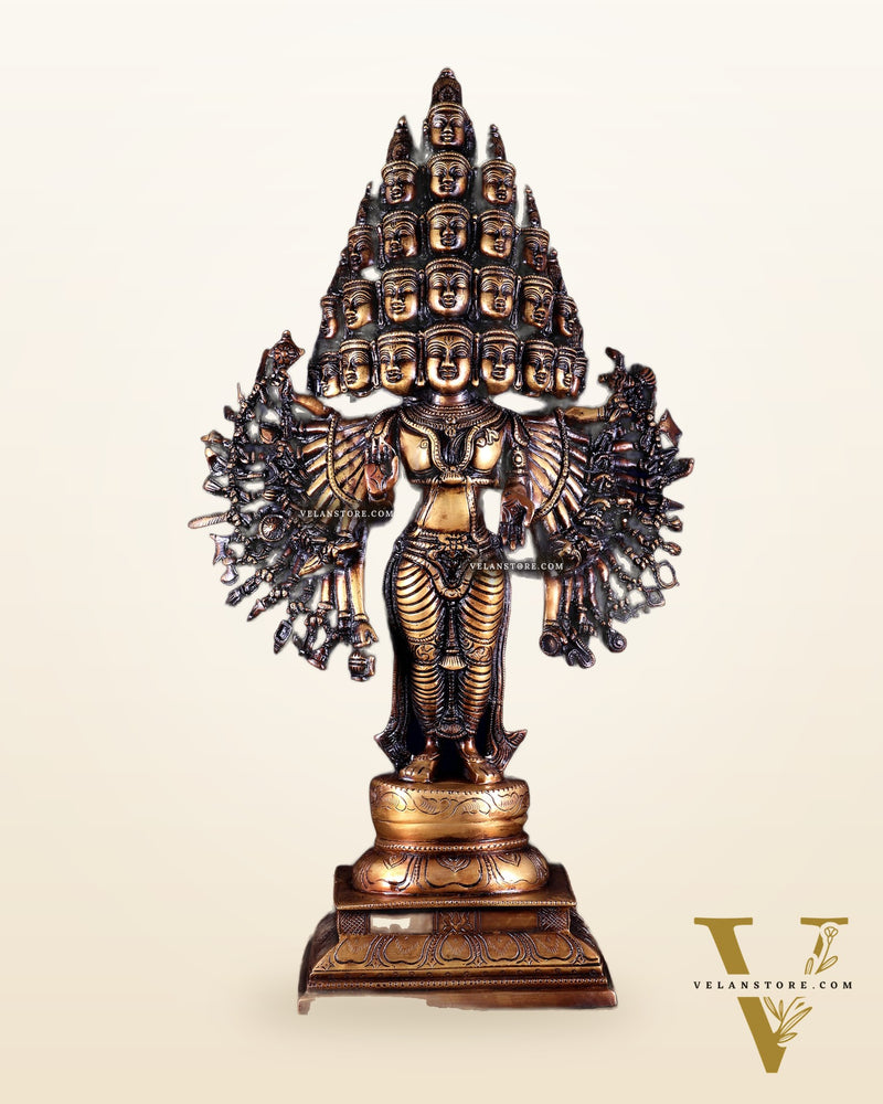 Brass Maha Sadashiva (25‑Faced Lord Shiva) Statue – 21.5″ burnt brass tone