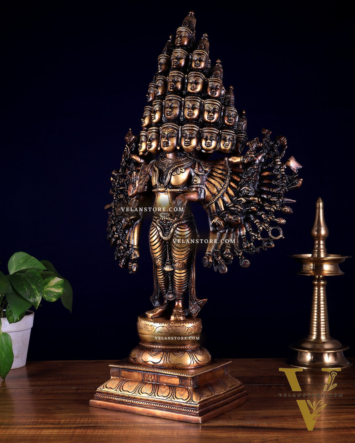 Brass Maha Sadashiva (25‑Faced Lord Shiva) Statue – 21.5″ burnt brass tone