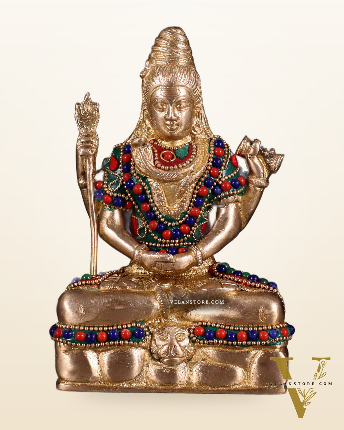 Brass Mahadev in Meditation – Lord Shiva Statue with Floral Stonework 6"