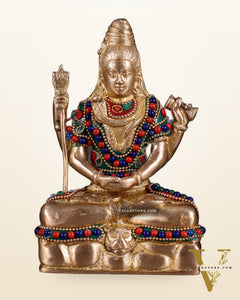 Brass Mahadev in Meditation – Lord Shiva Statue with Floral Stonework 6"