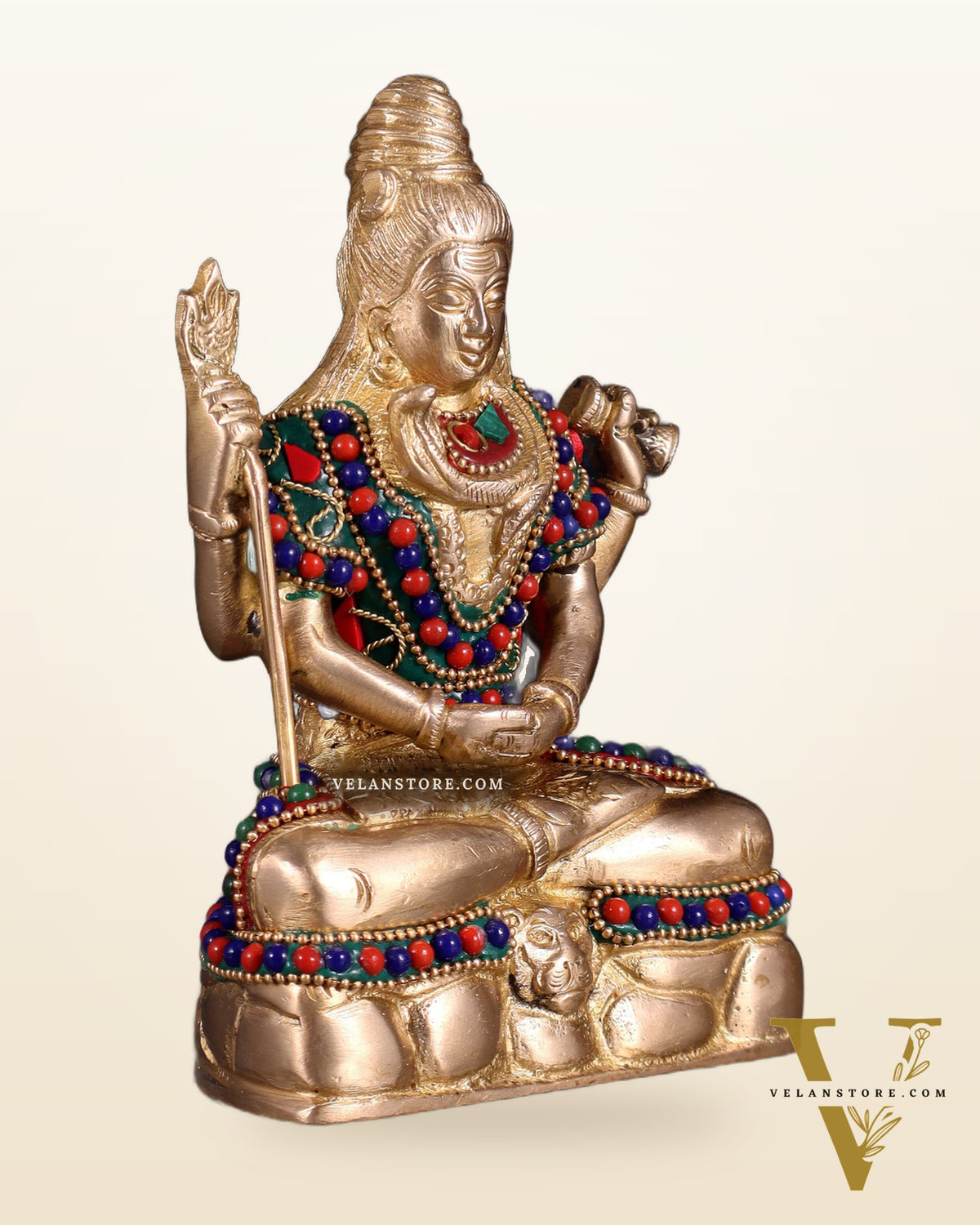 Brass Mahadev in Meditation – Lord Shiva Statue with Floral Stonework 6"