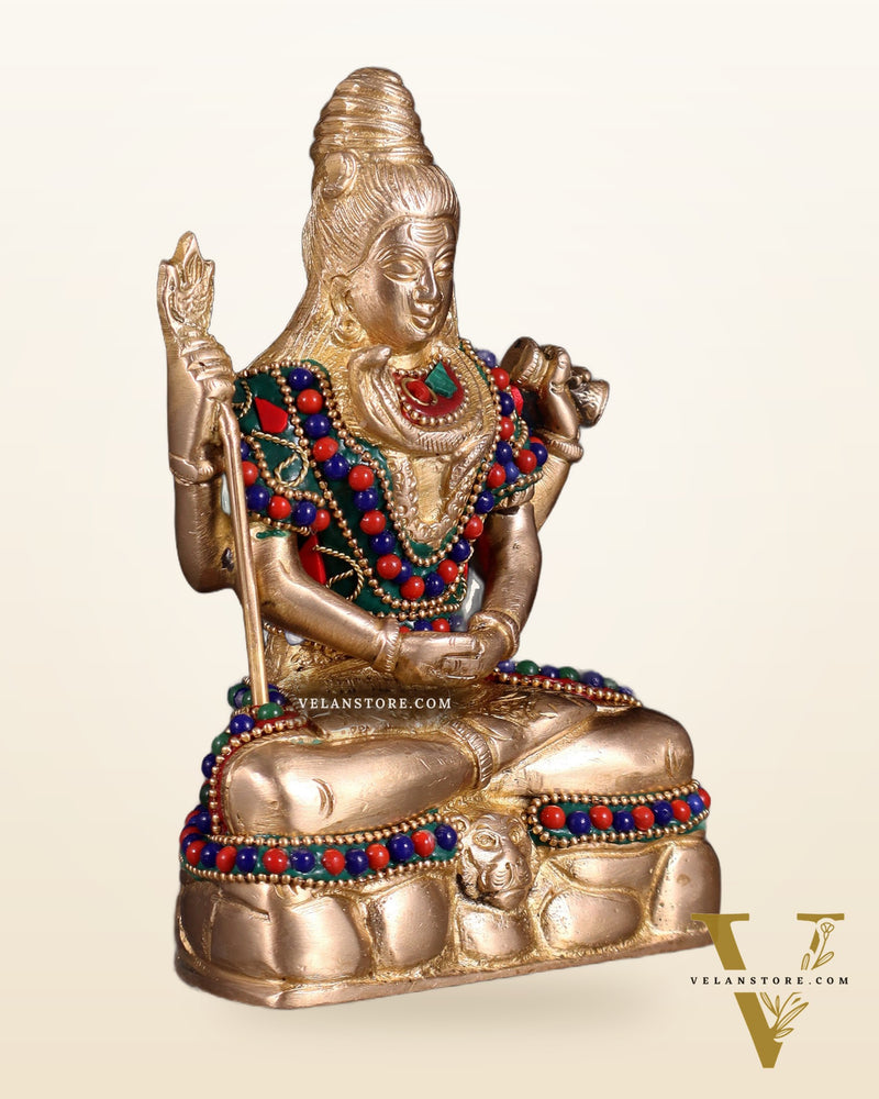 Brass Mahadev in Meditation – Lord Shiva Statue with Floral Stonework 6"