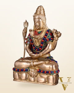 Brass Mahadev in Meditation – Lord Shiva Statue with Floral Stonework 6"