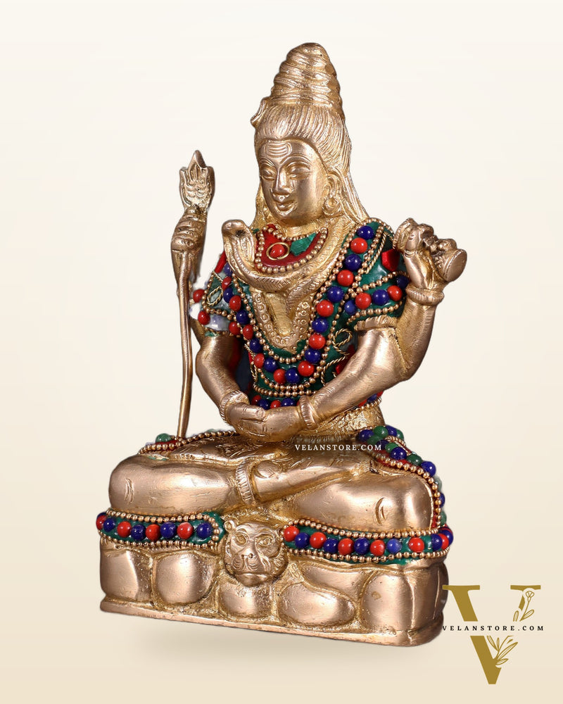 Brass Mahadev in Meditation – Lord Shiva Statue with Floral Stonework 6"