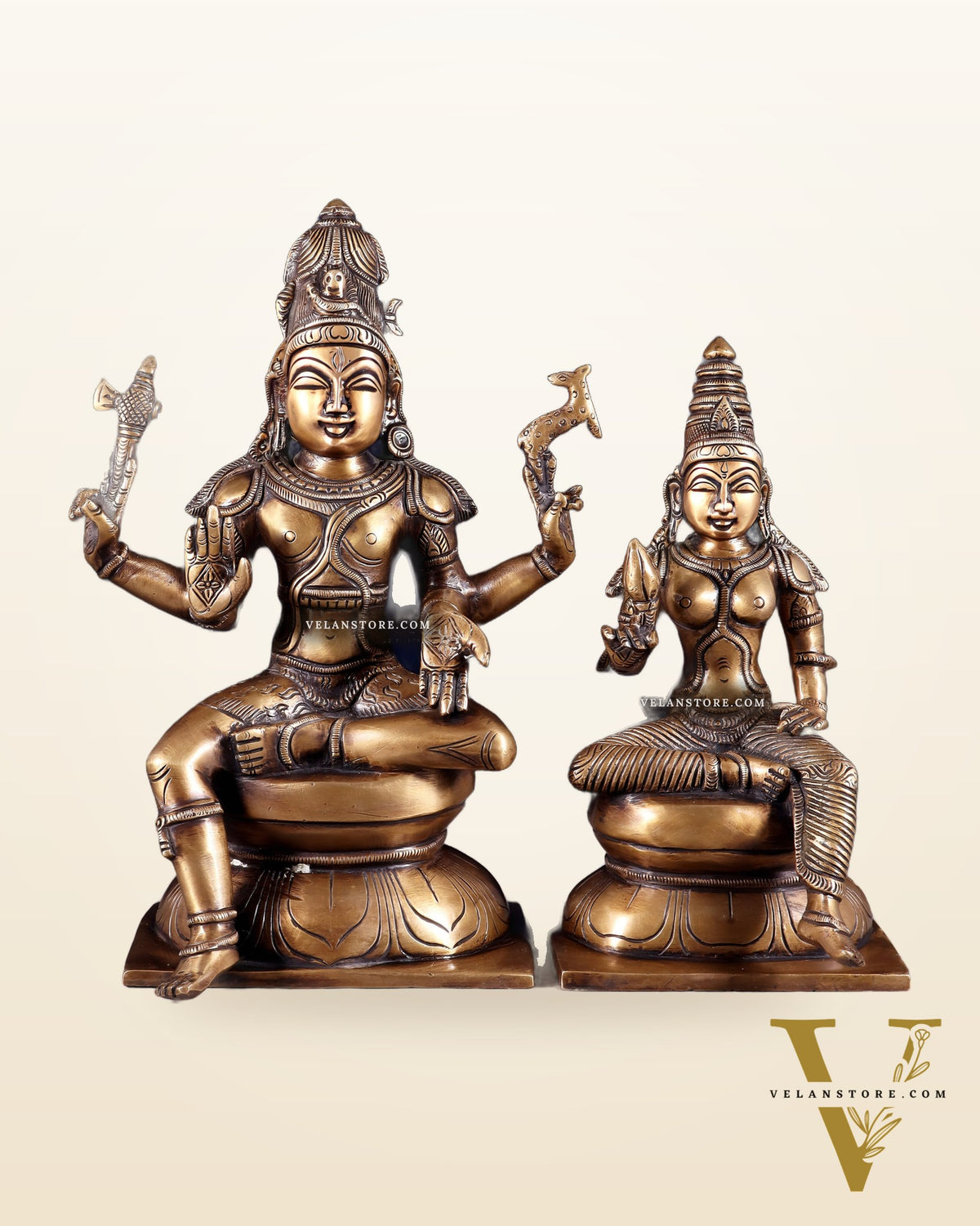 Brass Majestic Seated Lord Shiva and Parvati Idols | 11.5 Inch