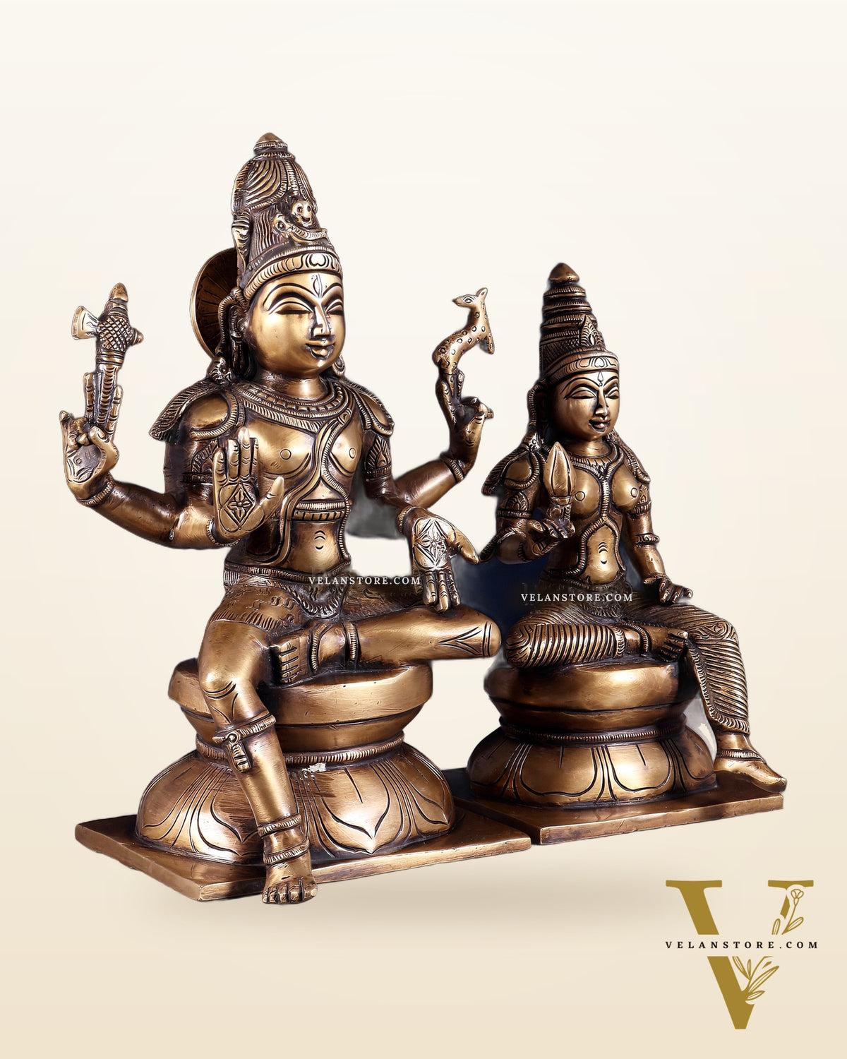 Brass Majestic Seated Lord Shiva and Parvati Idols | 11.5 Inch