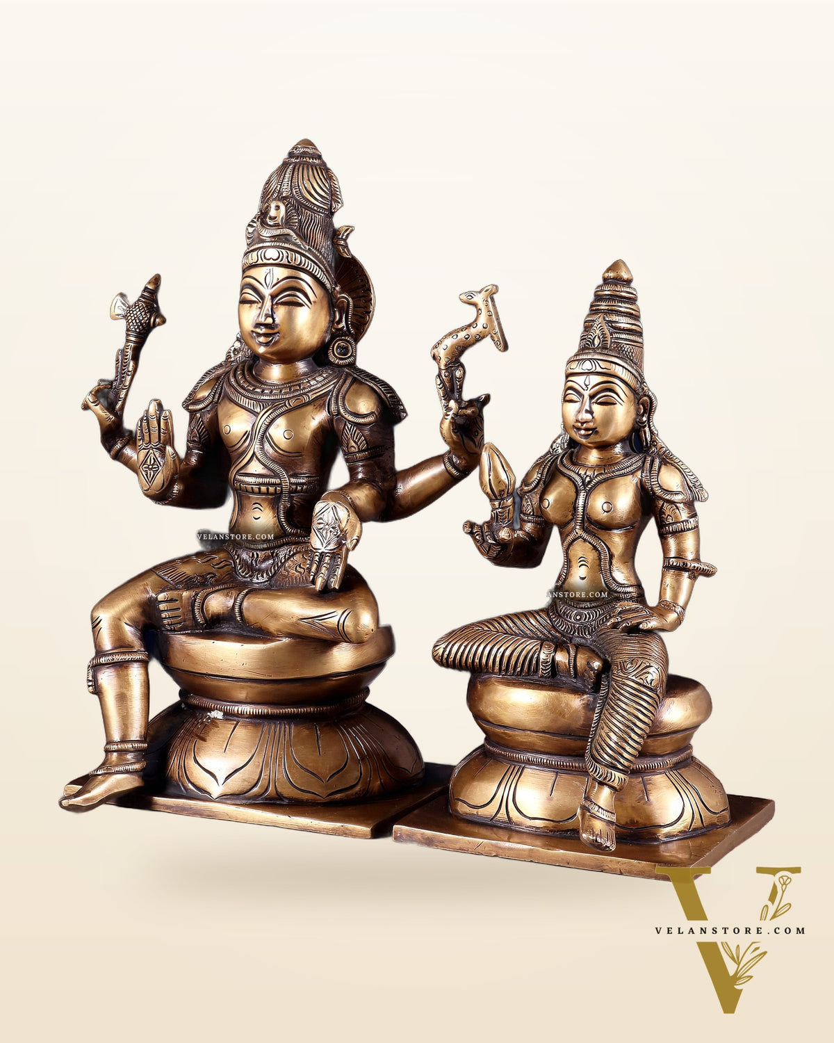 Brass Majestic Seated Lord Shiva and Parvati Idols | 11.5 Inch