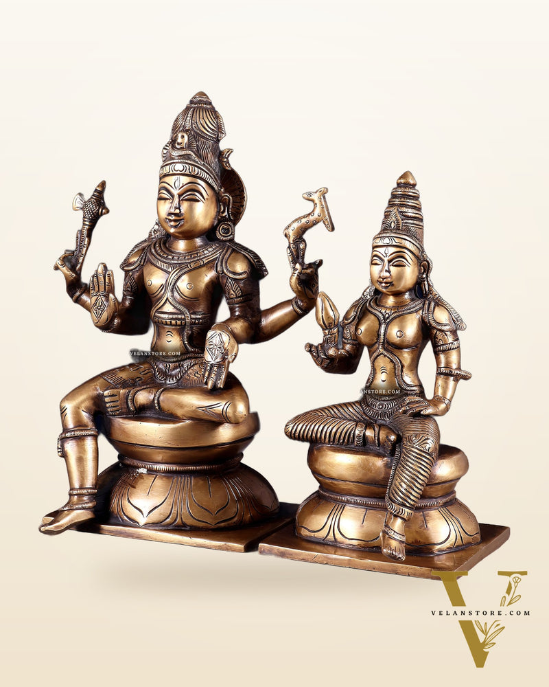 Brass Majestic Seated Lord Shiva and Parvati Idols | 11.5 Inch