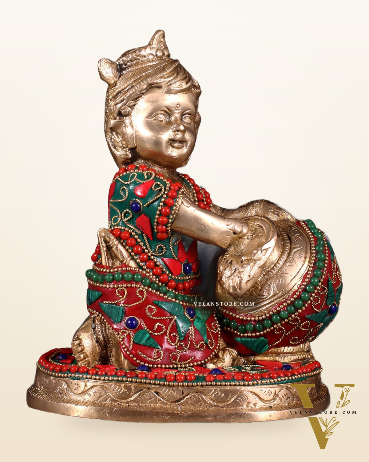 Brass Makhan Chor Idol with Floral Stonework 7"