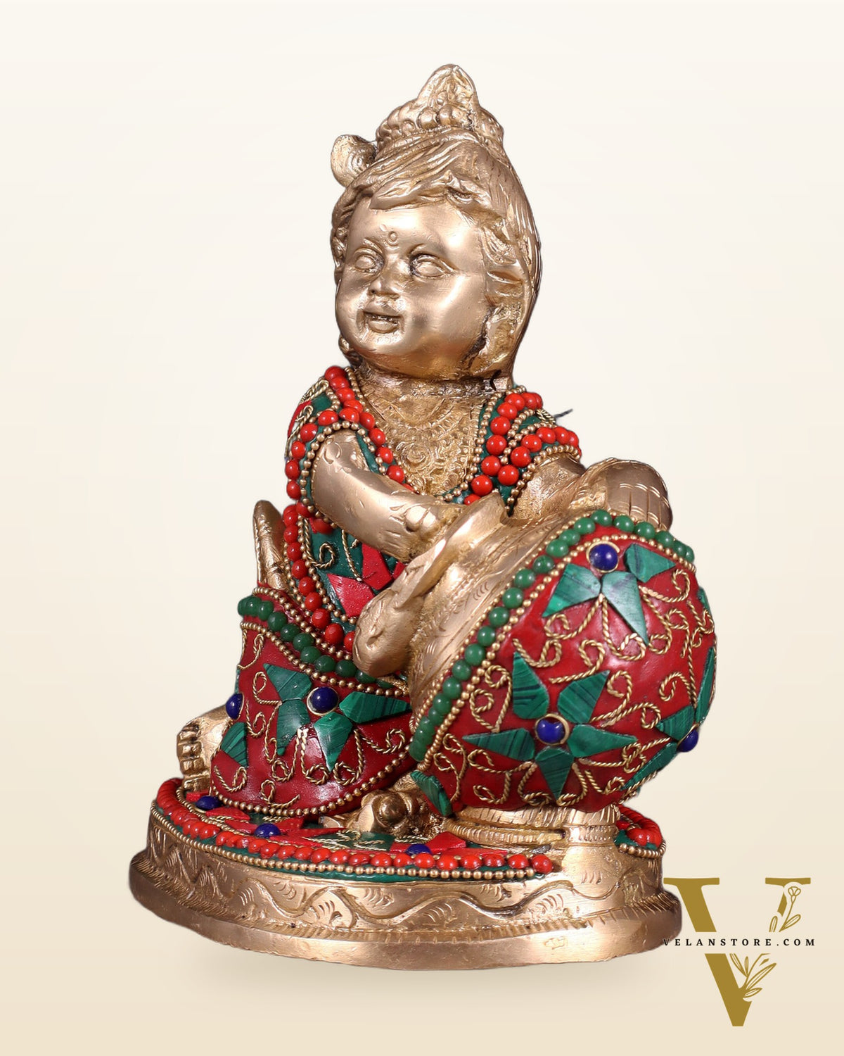 Brass Makhan Chor Idol with Floral Stonework 7"