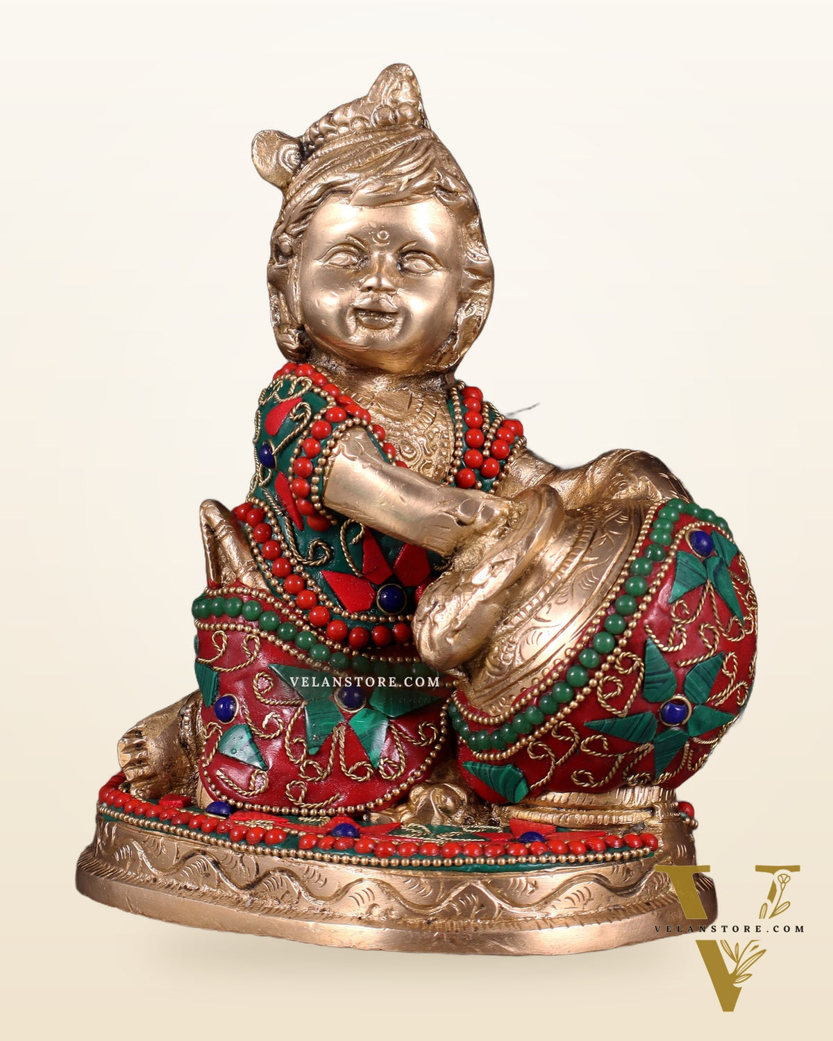 Brass Makhan Chor Idol with Floral Stonework 7"