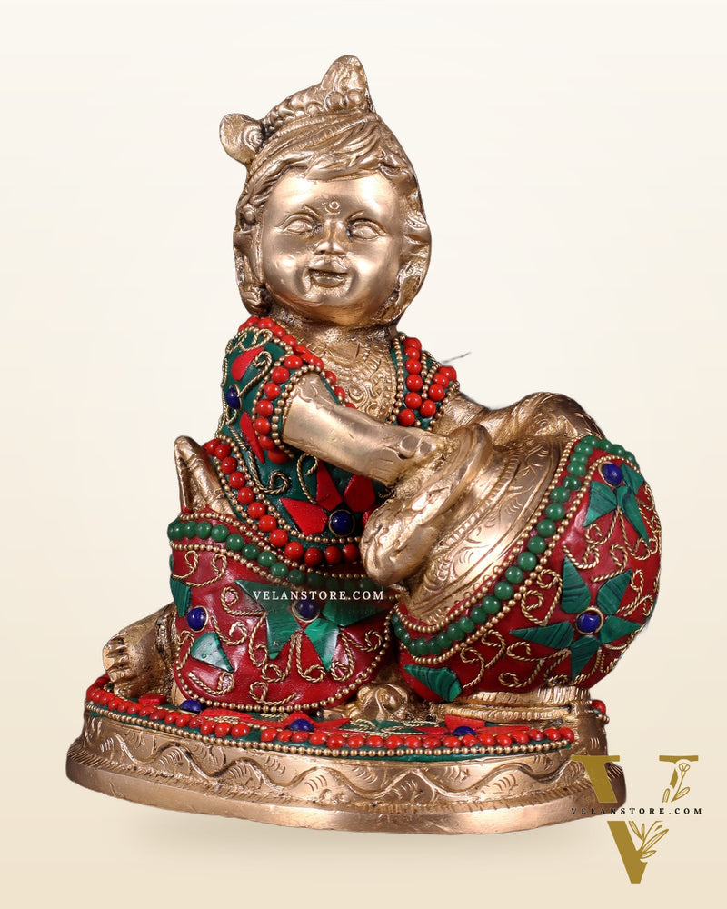 Brass Makhan Chor Idol with Floral Stonework 7"