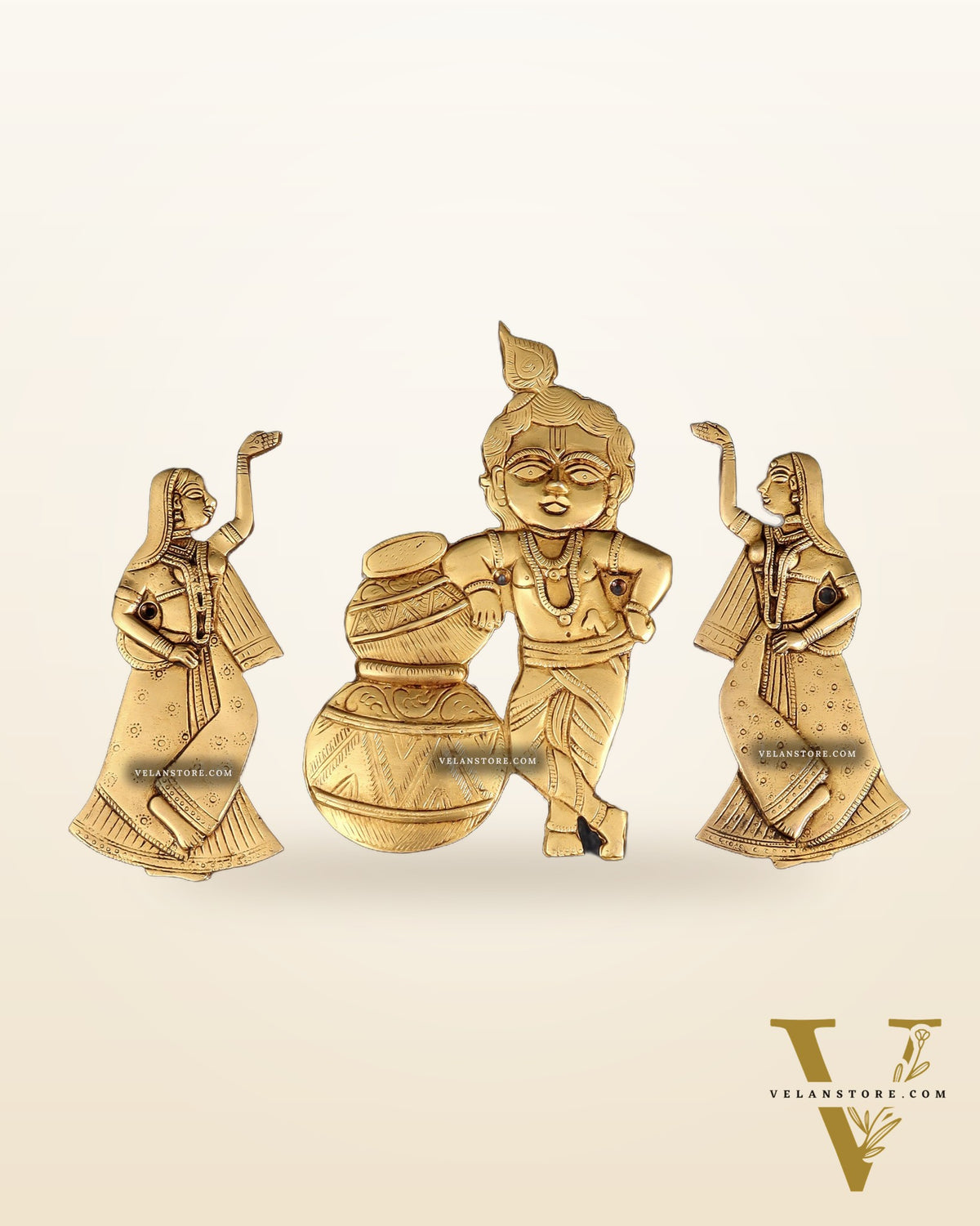 Brass Makhan Chor Krishna with Dancing Gopi Pair Wall Hanging Set