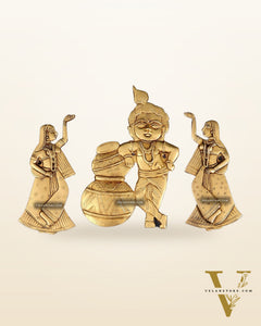 Brass Makhan Chor Krishna with Dancing Gopi Pair Wall Hanging Set