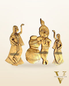 Brass Makhan Chor Krishna with Dancing Gopi Pair Wall Hanging Set