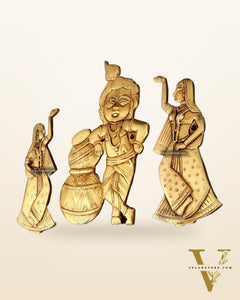 Brass Makhan Chor Krishna with Dancing Gopi Pair Wall Hanging Set