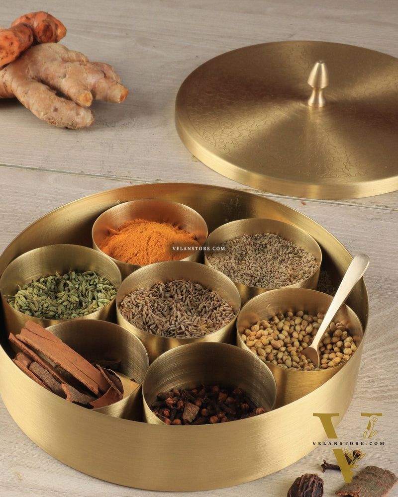 Brass Masala Box Daani – Round Spice Container, 2.5"x6"x6"