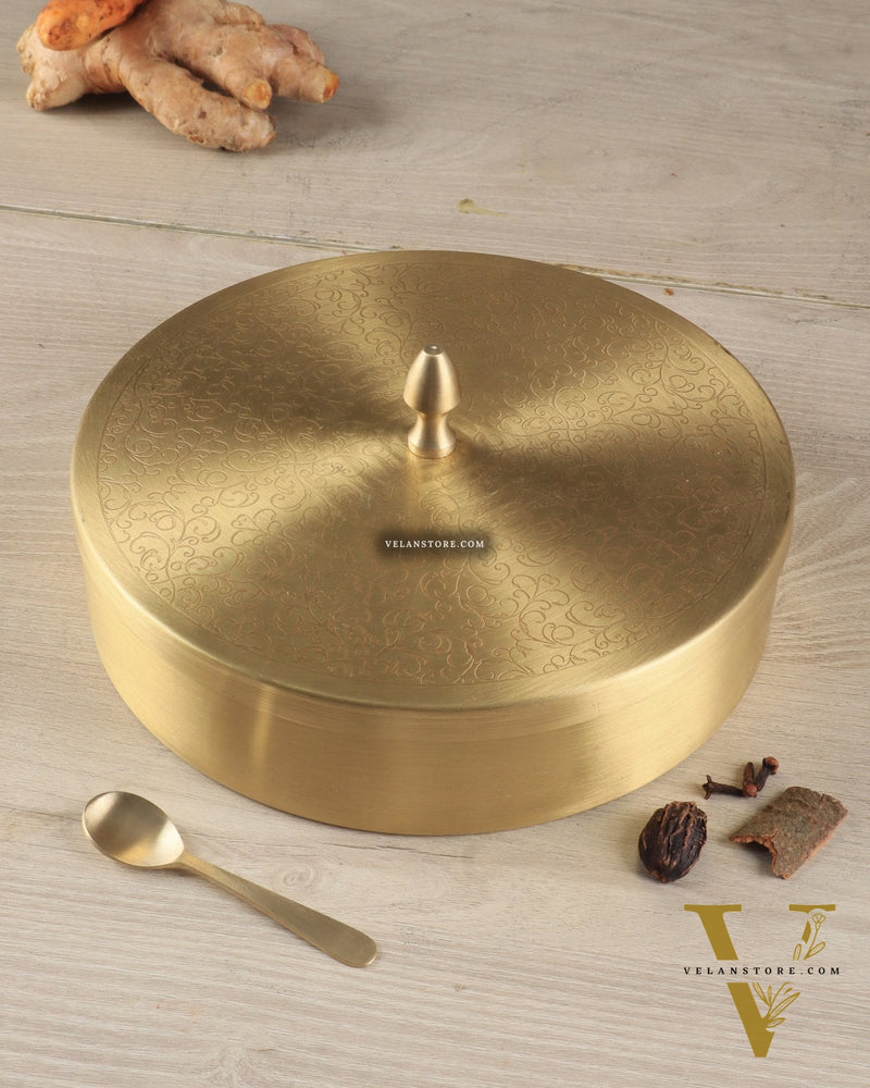Brass Masala Box Daani – Round Spice Container, 2.5"x6"x6"