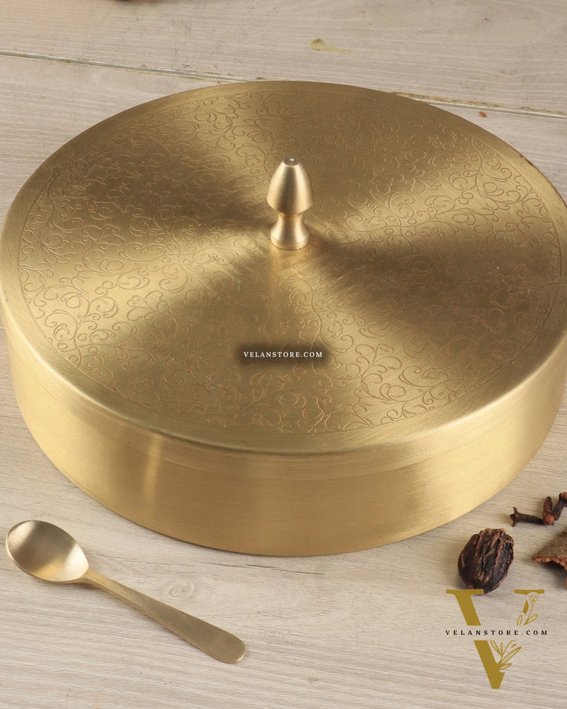 Brass Masala Box Daani – Round Spice Container, 2.5"x6"x6"